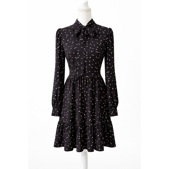 Kate Spade Polka Dot Bow Neck Tie Dress Black Ruffle Hem Long Sleeve Size 6 Bow - Picture 2 of 12